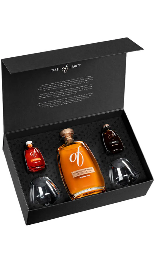 Cofanetto Anniversario OF con OF Amarone Barrique 70 cl, Taste OF Dorange 5 cl e Taste OF Amaro 5 cl + 2 Calici La Boule - Bonollo